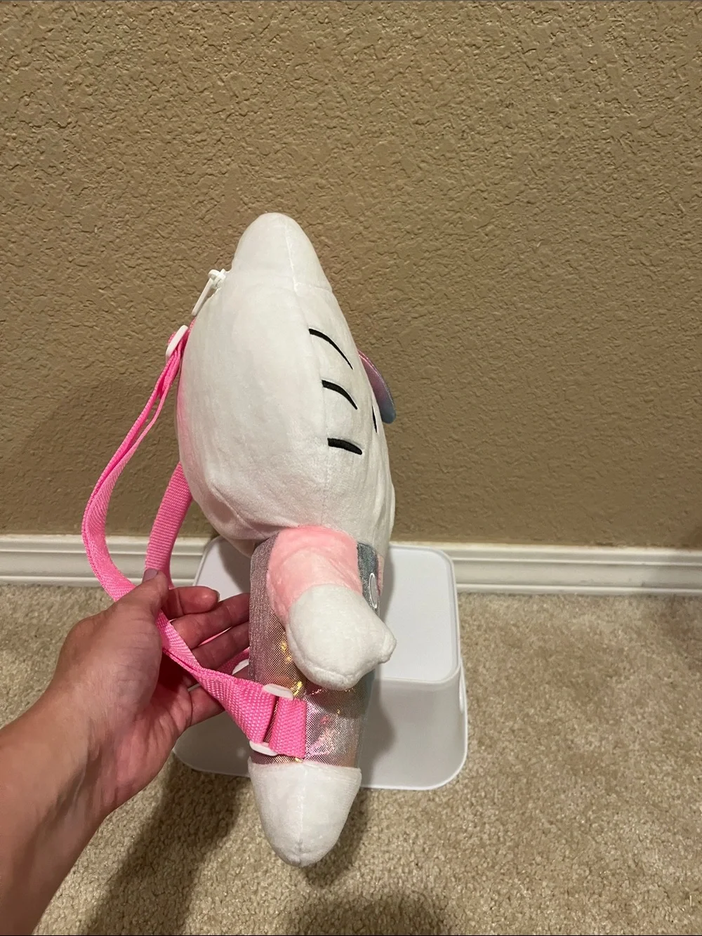 Hello Kitty Plush Backpack - White with Iridescent Rainbow Bow and Overalls